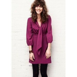 H&M Dress 6 Purple Burgundy V Neck Tie-Front Bow Button Cuff  Fit & Flare A Line